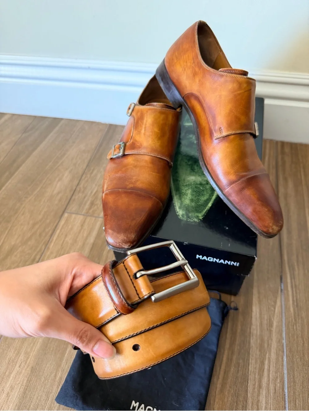 Magnanni Garrett double monk strap shoes with matching belt